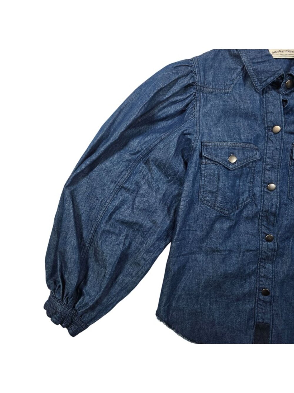 We The Free Women's XS Denim Snap Front Shirt Puff Sleeve Raw Hem Blue Western - Picture 8 of 14